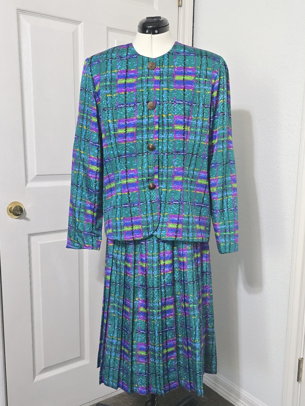 VTG 80s 90s Satin Skirt Set Plaid Teal Purple Pleated Midi Suit Jewel Tone Sz 16